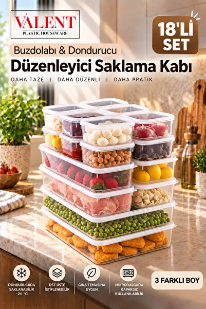 VALENT Fresh 18'li Sızdırmaz Erzak Saklama Kabı Seti 3000ml X2 1400ml X4 300m...