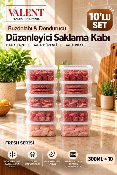 VALENT Fresh 10'lu 300ml Sızdırmaz Erzak Saklama Kabı Buzluk ve Buzdolabı Düz...
