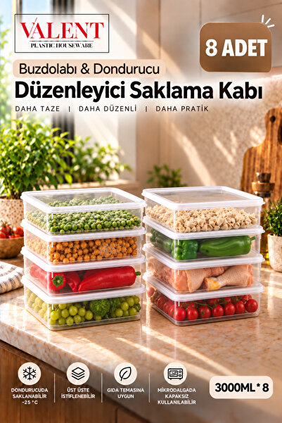 VALENT Fresh 8'li 3 Litre Sızdırmaz Erzak Saklama Kabı - Şeffaf - Buzdolabı D...