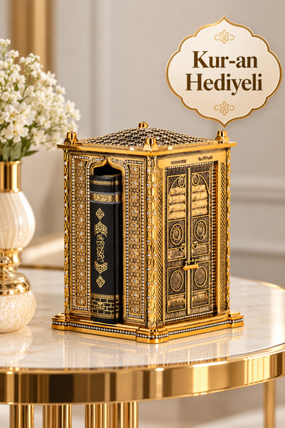 Güncel Vitrin Kuran Hediyeli Gold Üç Kutsal Kapılı Kuran Kabı - Zirkon Taşlı ...