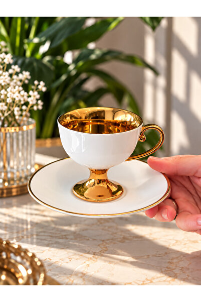 Sembol 6 Kişilik Porselen Kahve Fincanı Victoria Gold Beyaz