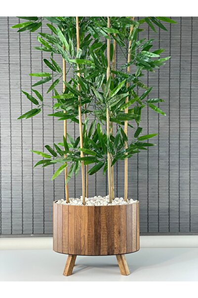 Bahçem Ahşap Saksılı Ayaklı Elips Model Yapay Yoğun Yapraklı Dekoratif Bambu Ağacı 115cm 5 Gövde