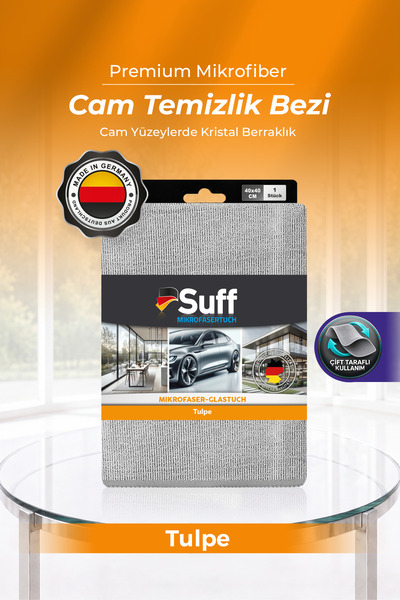 Suff Tulpe Cam Mikrofiber Bez İz Bırakmaz Araç Camı Temizlik Bezi 40x40 cm Gri