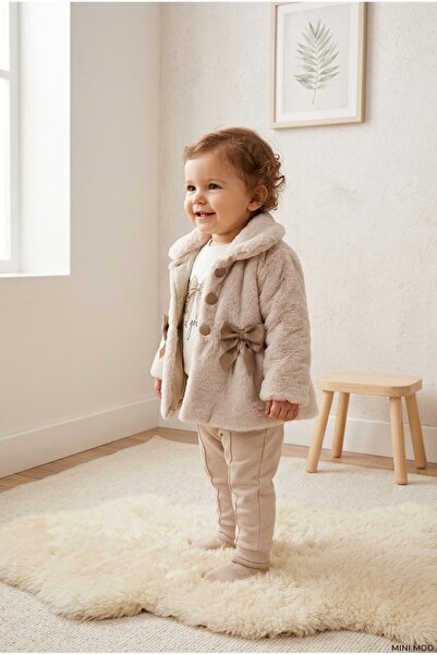 AHENGİM Baby Girl Plush Coat with Bow and Buttons, Soft Textured Winter Jacke...