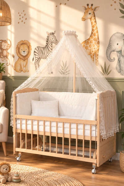 Bamgidoo Ahşap Anne Yanı Beşik - Doğal Bebek Beşiği 60x120- Ekru Güpür Uyku S...