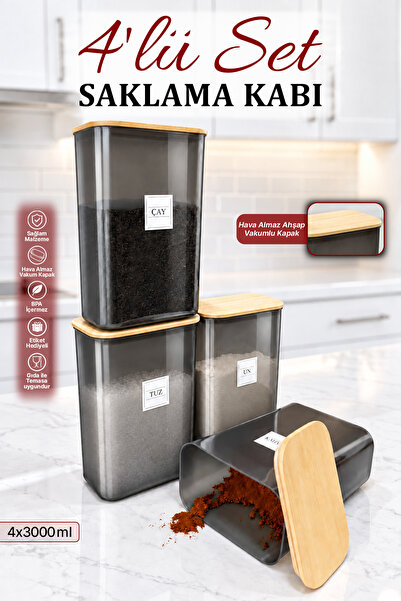 naturelove 4 Lü Ahşap Vakumlu Kapaklı Un Tuz Çay Şeker Saklama Kutusu Kavanoz...