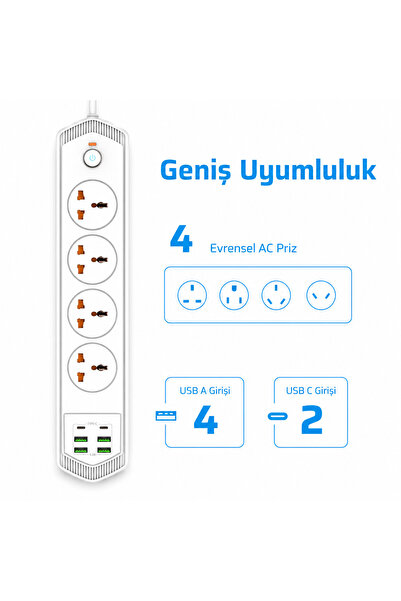 Lisa Butik 10 Girişli 4+4 USB + 2 Type-C Çoklu Priz 2 M Kablolu Akım Korumalı...