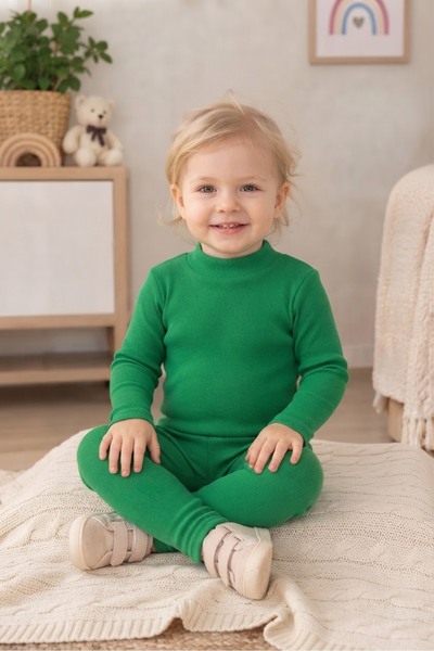 BAHNUR YESiL ÇOCUK BEBEK TAYT BLUZ TAKIMI SETi ALT ÜST TAKIM