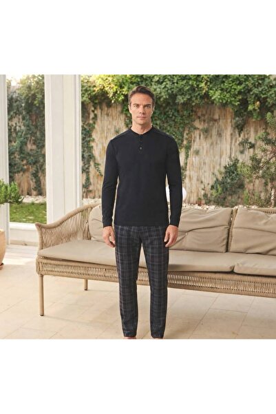 Pijamoni Men's Combed Cotton Fabric Buttoned Collar Dark Black Pajama Set