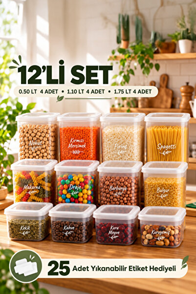 Porsima 433-4 12 li Kare Etiketli Gıda Erzak Baharat Saklama Kabı Seti 4x(0.5...