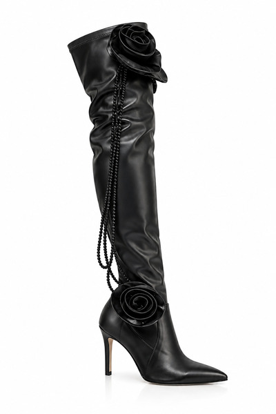 Giydim Gidiyor Flower Knee Dizüstü Özel Tasarım Çizme Siyah
