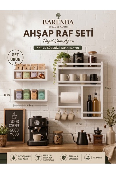BARENDA Ahşap Baharatlık Terek Kahve Köşesi Duvar Rafı Set { HAZIR KURULU ) B...