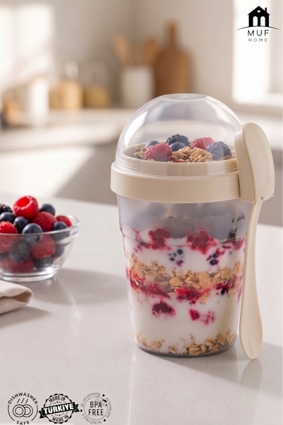 MUF HOME Yoğurt & Müsli Kabı - Hazneli Kaşık Ve Çatallı Diyet Kabı-Pratik Sal...