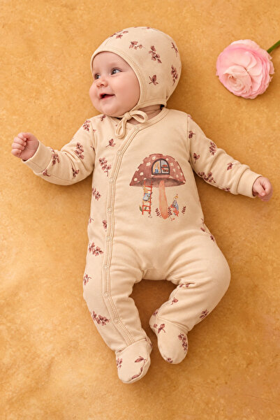 Rocha Baby Cotton Mushroom & Rabbit Patterned Double-Breasted Baby Jumpsuit w...