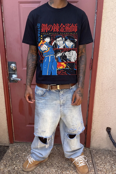 Sekizbiraltı Anime Alchemist Baskılı Siyah Oversize Tshirt