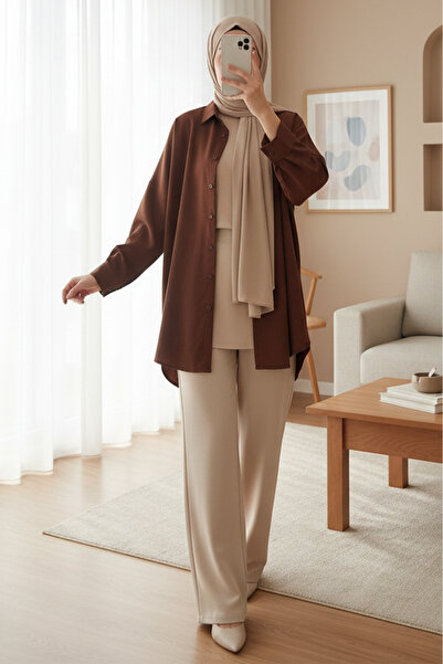 Modamorfo 3900 Oversized Long Basic Shirt - Brown