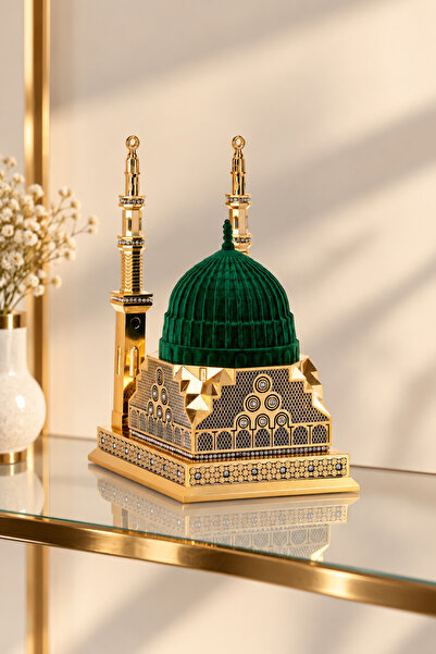Güncel Vitrin Zirkon Taşlı Çift Minareli Mescid-i Nebevi Dekoratif Biblo 15 cm