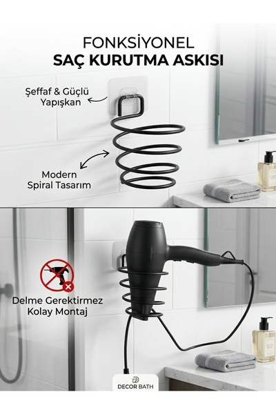 safestore Yapışkanlı Vidalı Siyah Fön Makinası Askısı Saç Kurutma makinesi Tu...