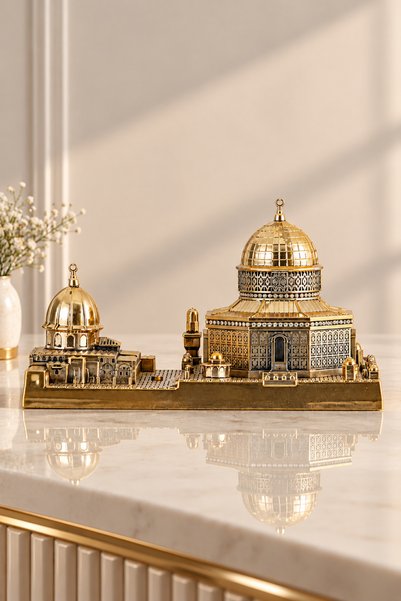 Güncel Vitrin Zirkon Taşlı Gold İkili Mescid-i Aksa Dekoratif Biblo 25 cm