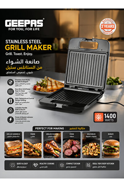 Geepas Grill Maker - Non-stick Plates, Cool-touch Lid, Temperature Control, U...