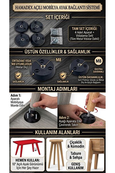 HAMADEX Ahsap Masa , Sandalye, Sehpa 4 Lu Açılı Plastik Bağlantı Aparatı (m8 ...