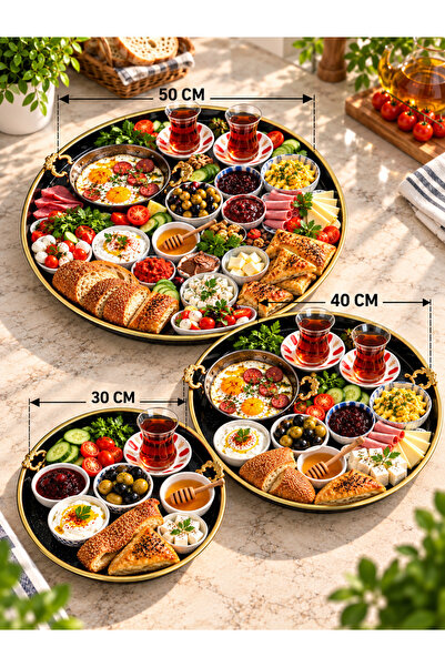 Arsimo 3’lü Gold Kenarlı Metal Tepsi | 50-40-30 cm | Kahvaltı Ve Sunum Tepsisi |