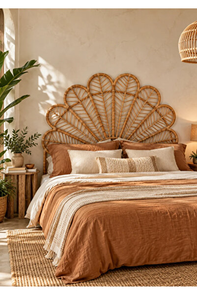 Lessio Home Lotus Rattan Bambu Yatak Başlığı Çift Kişilik Bohem El Yapımı 160...