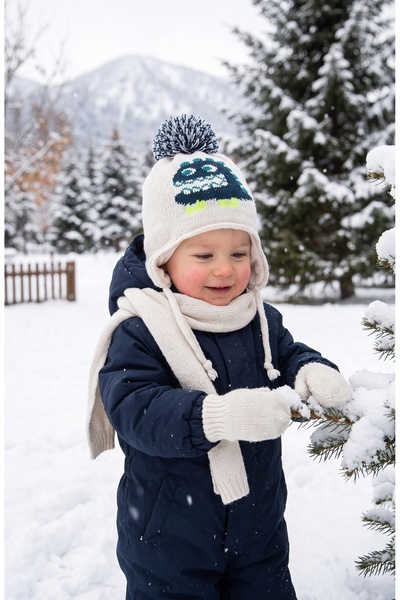Mika Bebek & Çocuk Dinosaur Patterned 0-18 Months Baby Boy Stone Color Hat, S...