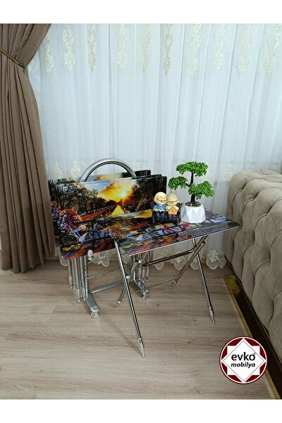 EVKO MOBİLYA Çanta Zigon Sehpa, 4'lü Sehpa, Zigon Sehpa, Servis Sehpası, Caml...