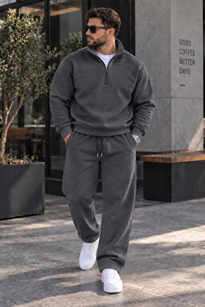 LUPERCUS Erkek Füme Alt Üst Takımı Fermuarlı Sweatshirt