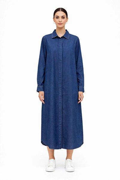 İDOL GİYİM Gömlek Yaka Ten-sel Kumaş Uzun Denim Tunik-Elbise