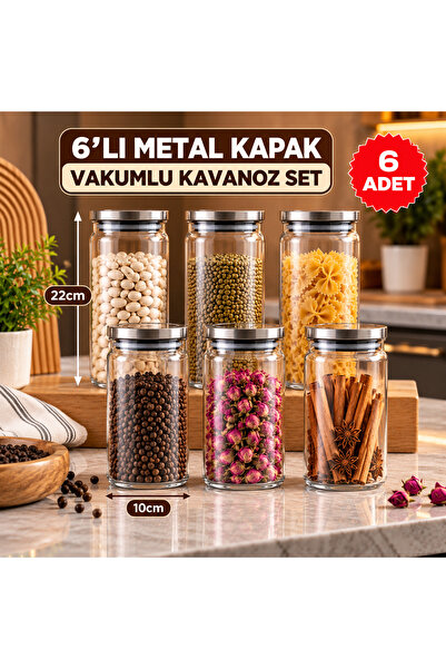 Pembelia Life 6’lı 1300 cc Metal Vakum Kapaklı Cam Erzak Bakliyat Kavanoz Seti Çay Şeker Tuz Kahve Kavanoz Seti Etiket Hediyeli
