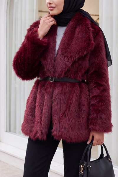 Modamorfo Kadın Kemerli Oversize Kürklü Kaban 9156 - Bordo