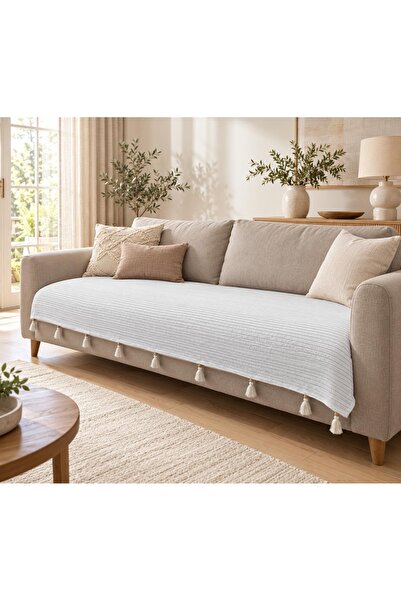 lüf Püsküllü Koltuk Örtüsü Bej – 100x230 cm | Şık ve Dekoratif Koltuk Şalı