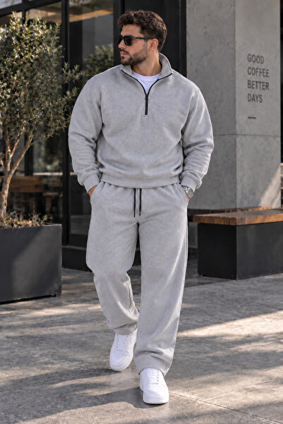 Erkek Gri Alt Üst Takımı Fermuarlı Sweatshirt