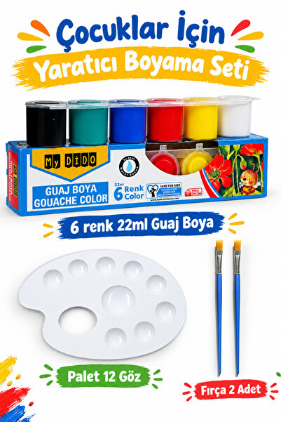 NEON PLUS Guaj boya 6x22ml, Resim Palet, Fırça, Boyama Etkinlik Seti