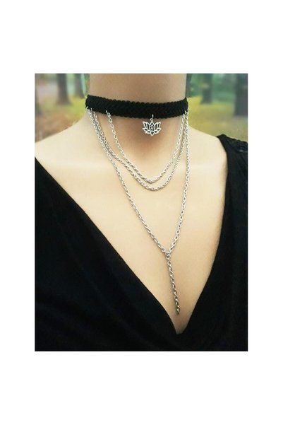 Bijustore Lotus Flower & Chain & Special Woven Women's Choker Necklace