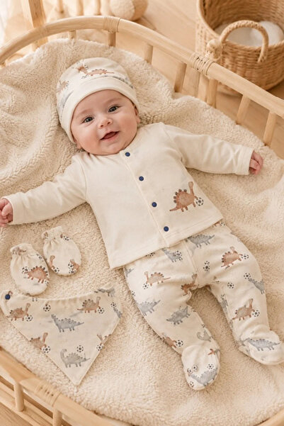 Tuğra Bebe طقم إصدار المستشفى القطني المكون من 5 قطع للأطفال الأولاد بنمط دينو