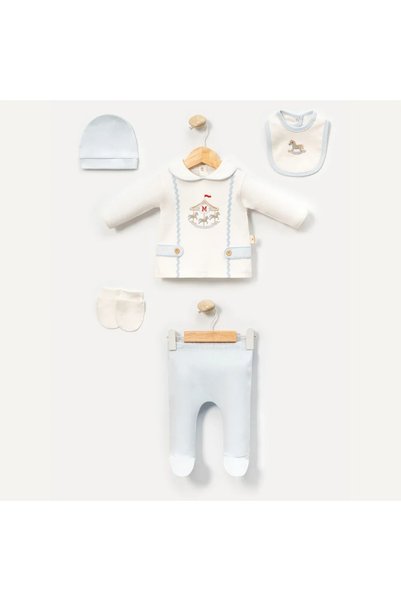 Tuğra Bebe طقم أطفال حديثي الولادة مكون من 5 قطع مطرزة بتصميم الحصان، مصنوع من القطن بنسبة 100%، مناسب للمستشفيات