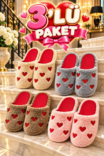 Moda Frato 3'lü Paket LOVELY Kapalı Kadın Terlik Ev Terliği Ses Yapmayan Taba...