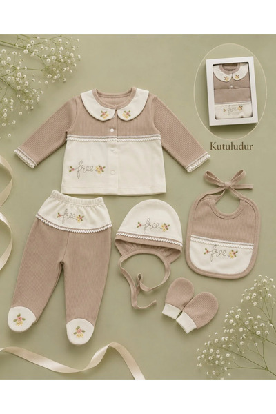Tuğra Bebe Baby Girl Floral Embroidered Corded 100% Cotton 5-Piece Hospital-I...