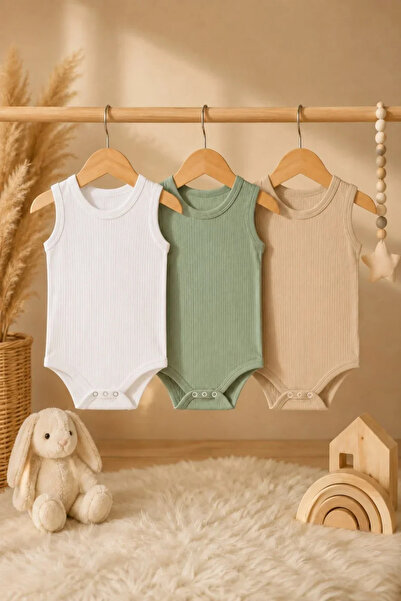 Tuğra Bebe 100% Cotton Natural Ribbed 3-Piece Baby Bodysuit Set with Straps a...