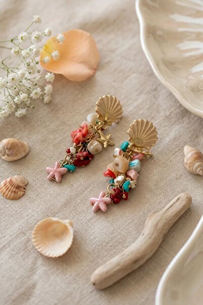 Trendy Butik Vip Colorful Stone Oyster Figured Earrings