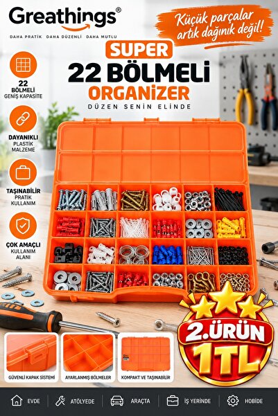 Greathings 22 Bölmeli Turuncu Organizer Şeffaf Kapaklı Çok Amaçlı Malzeme Düz...