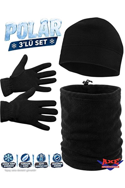 AXE SPORTSWEAR Erkek Siyah Kışlık Polar Eldiven - Polar Bere - Polar Boyunluk...