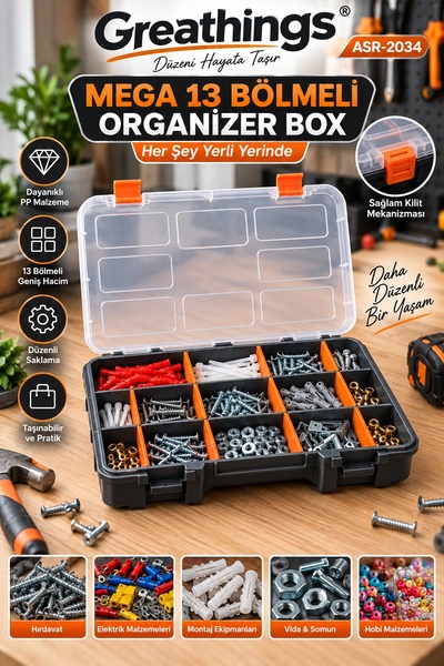 Greathings 13 Bölmeli Mega Organizer Kutu Şeffaf Kapaklı Vida Dübel Hırdavat ...