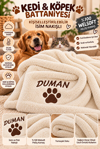 BeybiNest Kedi Köpek Battaniyesi Nakış işlemeli İsimli Welsoft Peluş Kumaş BEYAZ