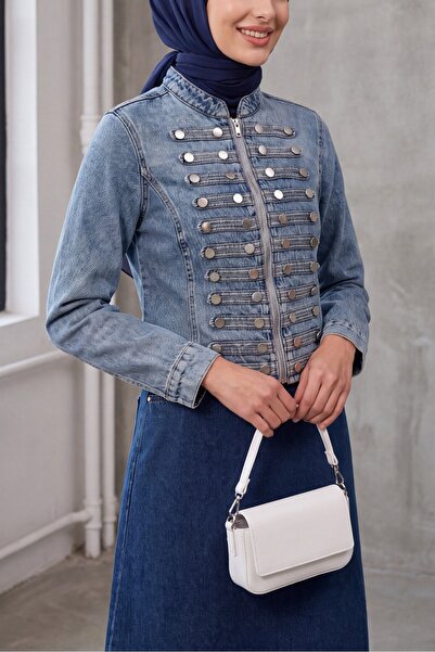 Modamorfo Kadın Dar Kesim Düğmeli Denim Ceket 0764 - Mavi