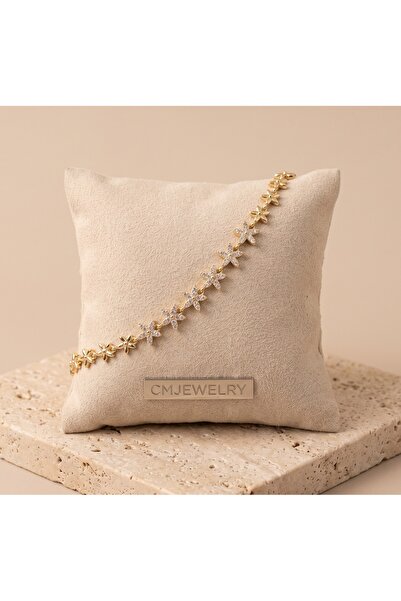 CM Jewelry Vıp Seri 316L Çelik Gold Renk Zirkon Taşlı Sıralı Çiçek Motifli Bi...