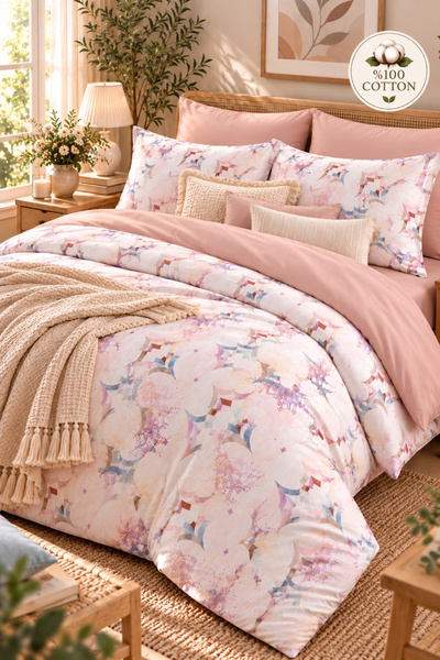 MyStory Home %100 Pamuk Çift Kişilik Nevresim Takımı Lanure Pembe